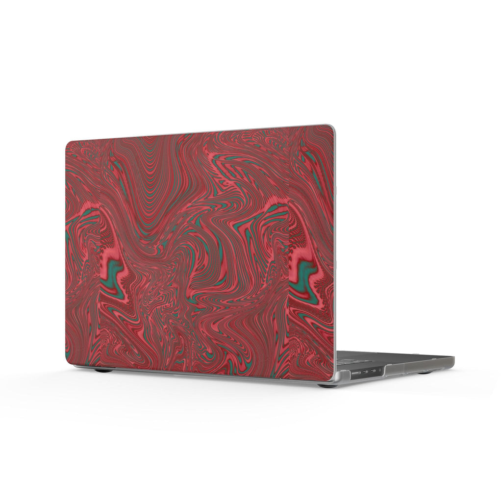Elegant angle of the MacBook Case - Red Marble Swirl Matte Protective Cover that features a rich red marble design. This laptop skin is a perfect fit for artist laptops and makes a thoughtful holiday gift for students or teachers, enhancing any work from home setup as a trendy tech accessory.