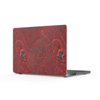 Elegant angle of the MacBook Case - Red Marble Swirl Matte Protective Cover that features a rich red marble design. This laptop skin is a perfect fit for artist laptops and makes a thoughtful holiday gift for students or teachers, enhancing any work from home setup as a trendy tech accessory.