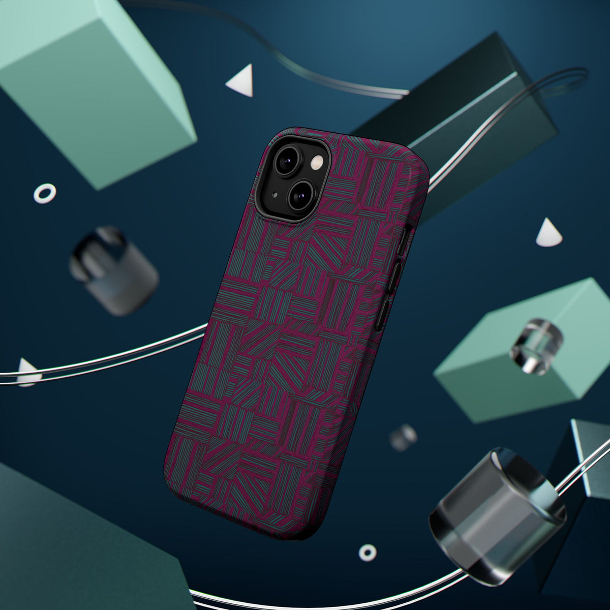 Slim Protective Phone Case With MagSafe, Dual-Layer Impact Protection, Plum Geometric Design, close-up of protected camera lenses and plum geometric finish; slim protective iphone 16 promax  case.