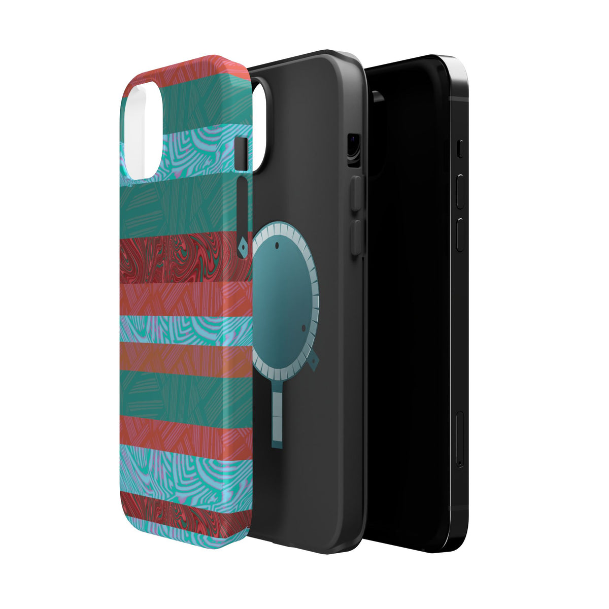 Striped Teal & Coral Magnetic Impact Phone Case colorful camera-compatible design, Fractyl magsafe compatible iphone 18 pro max case