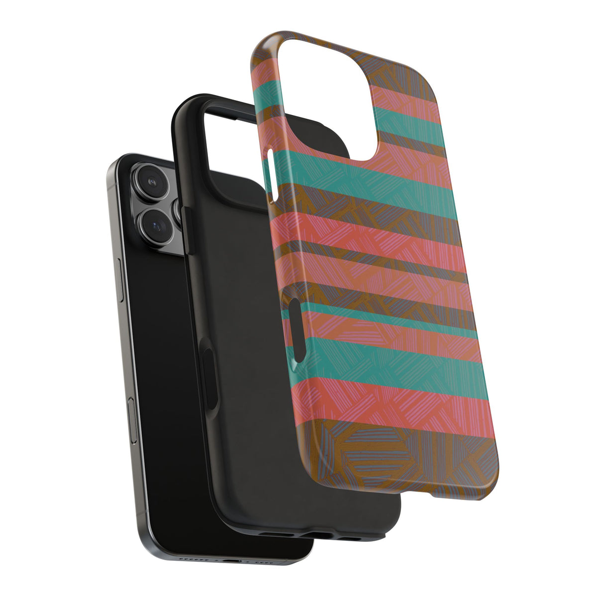Striped Tribal Tough Phone Case — Retro Teal & Coral Protective Cover shown in an exploded view for easy installation of a fractyl shockproof iphone 17 pro case
