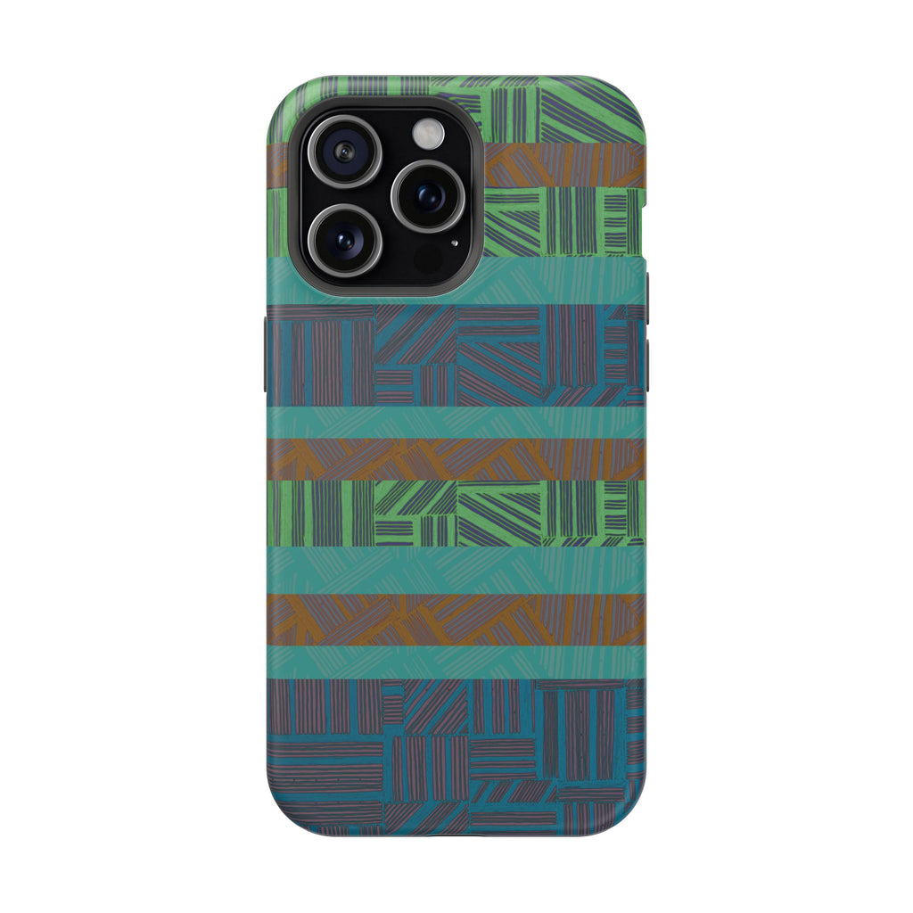Green Geometric Stripe Phone Case — Impact-Resistant, wireless charging iphone 16 pro max case with detailed linear geometric artwork.