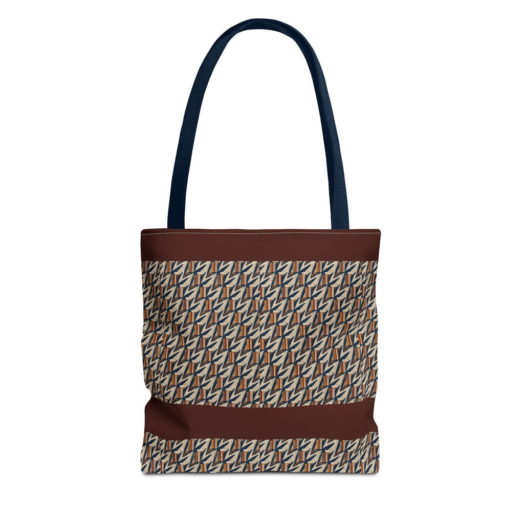 Geometric Retro Stripe Tote Bag – Vintage Brown Patterned AOP Tote with navy handles, large everyday cotton tote for everyday essentials