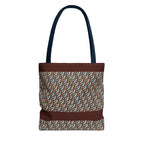 Geometric Retro Stripe Tote Bag – Vintage Brown Patterned AOP Tote with navy handles, large everyday cotton tote for everyday essentials