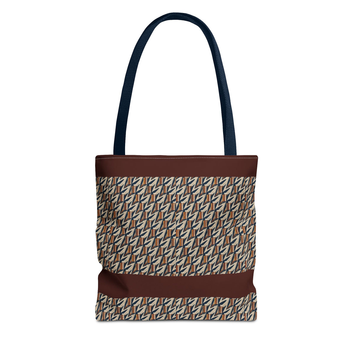 Geometric Retro Stripe Tote Bag – Vintage Brown Patterned AOP Tote with navy handles, large everyday cotton tote for everyday essentials