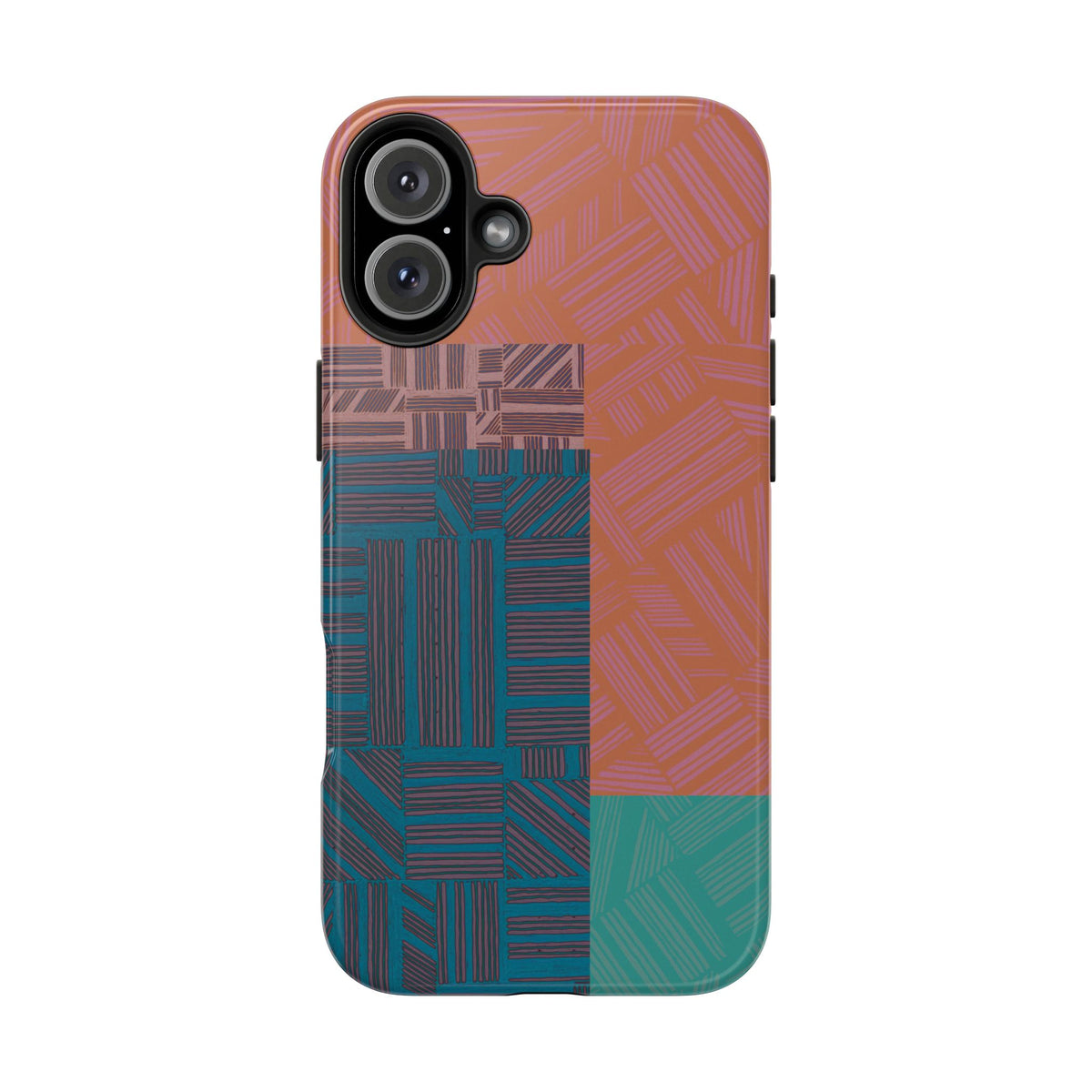 Abstract Geometric Tough Phone Case — Retro Block Pattern, retro iphone 18 pro max case featuring refined blue and rust linework in a bold color-block design.
