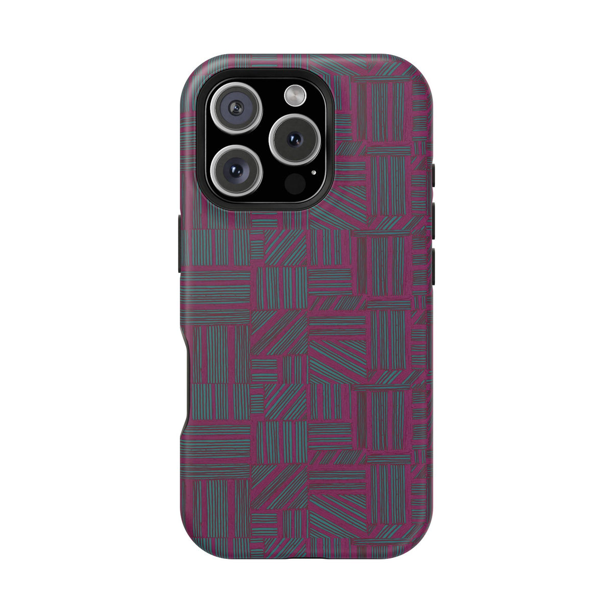 Slim Protective Phone Case With MagSafe, Dual-Layer Impact Protection, Plum Geometric Design, rear view with a horizontal camera bar opening; slim protective iphone 16 promax  case.