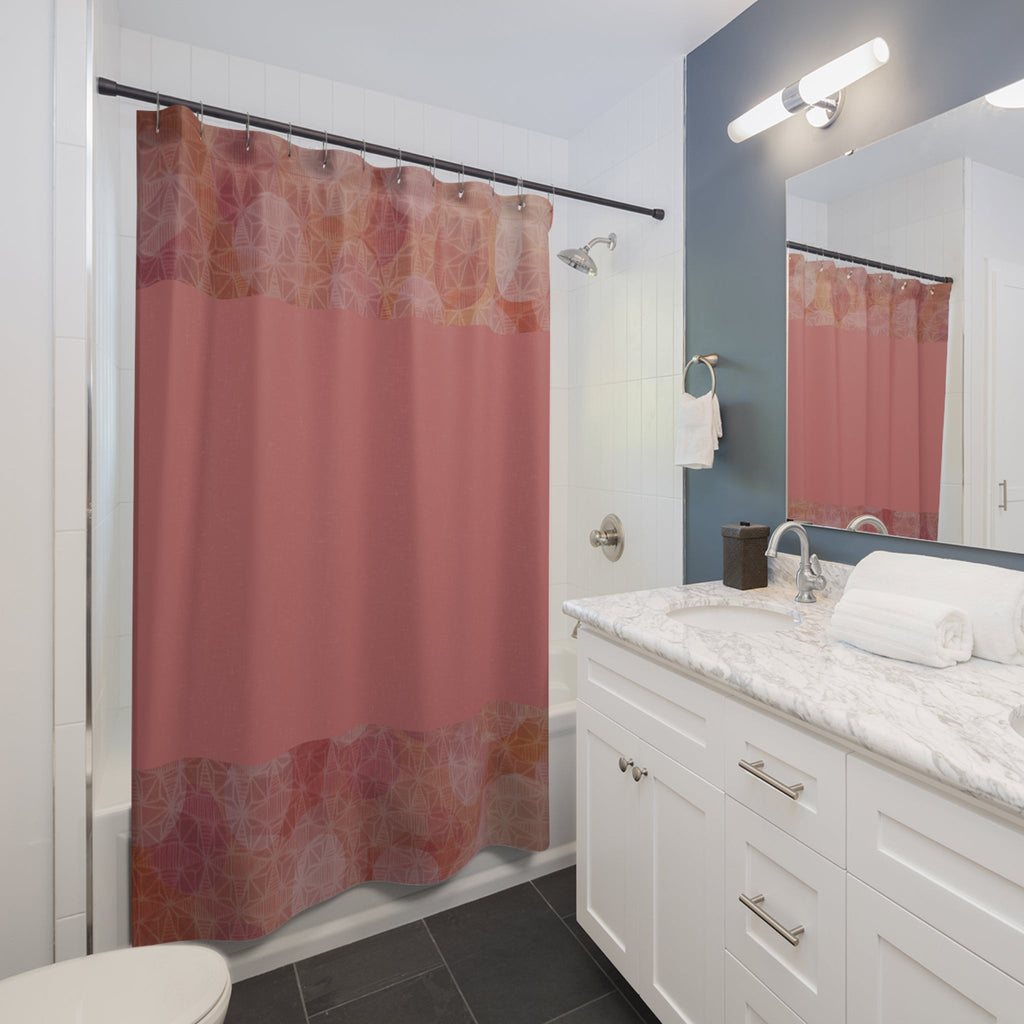 Blush Rose Geometric Shower Curtain displayed in a beautifully designed bathroom, enhancing the space with its modern pink patterns while emphasizing functionality as a quick-drying shower curtain.