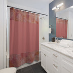 Blush Rose Geometric Shower Curtain displayed in a beautifully designed bathroom, enhancing the space with its modern pink patterns while emphasizing functionality as a quick-drying shower curtain.