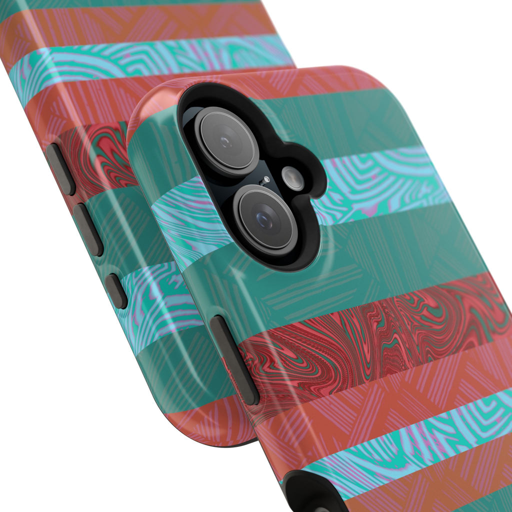 Striped Teal & Coral Magnetic Impact Phone Case dual-camera close-up, Fractyl magsafe compatible iphone 18 pro max case