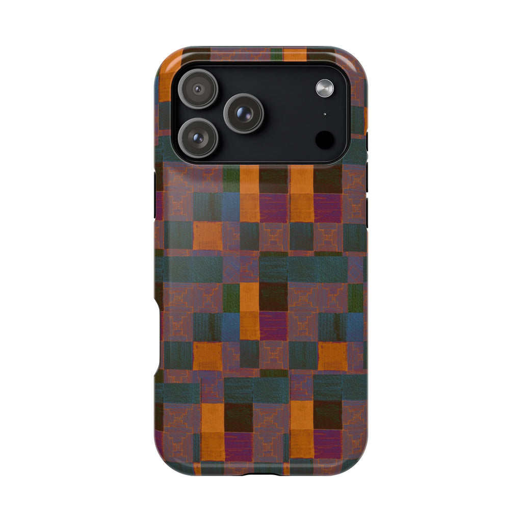 Impact-Resistant Phone Case — Retro Checkerboard Pattern, Fractyl wireless charging iphone 18 pro case shown with a raised camera area and vibrant geometric color layering.
