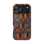 Impact-Resistant Phone Case — Retro Checkerboard Pattern, Fractyl wireless charging iphone 18 pro case shown with a raised camera area and vibrant geometric color layering.
