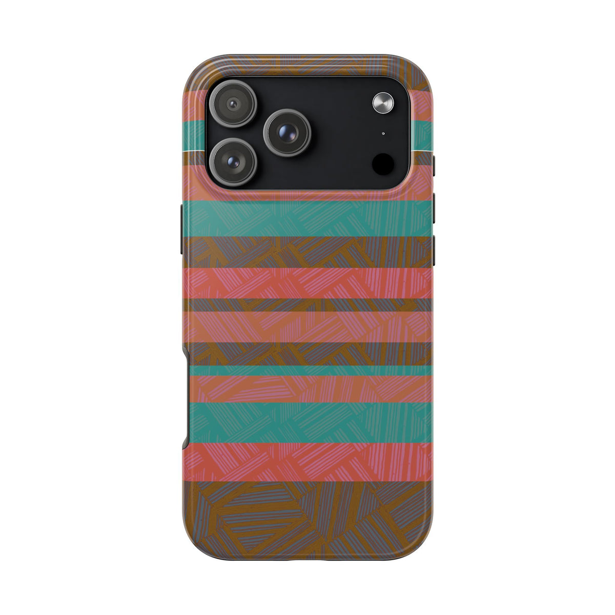 Striped Tribal Tough Phone Case — Retro Teal & Coral Protective Cover in a clean front view of a vibrant fractyl shockproof iphone 17 pro case