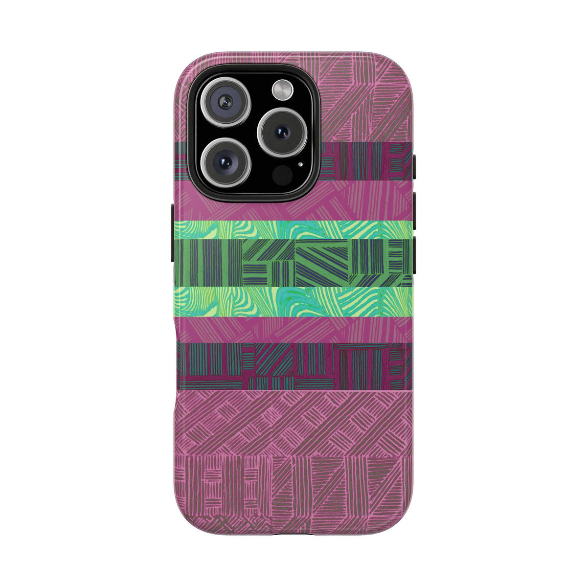 Fractyl glossy protective iphone 18 pro max case, Geometric Stripes Tough Phone Case — Purple & Teal Tribal Pattern, durable printed back cover