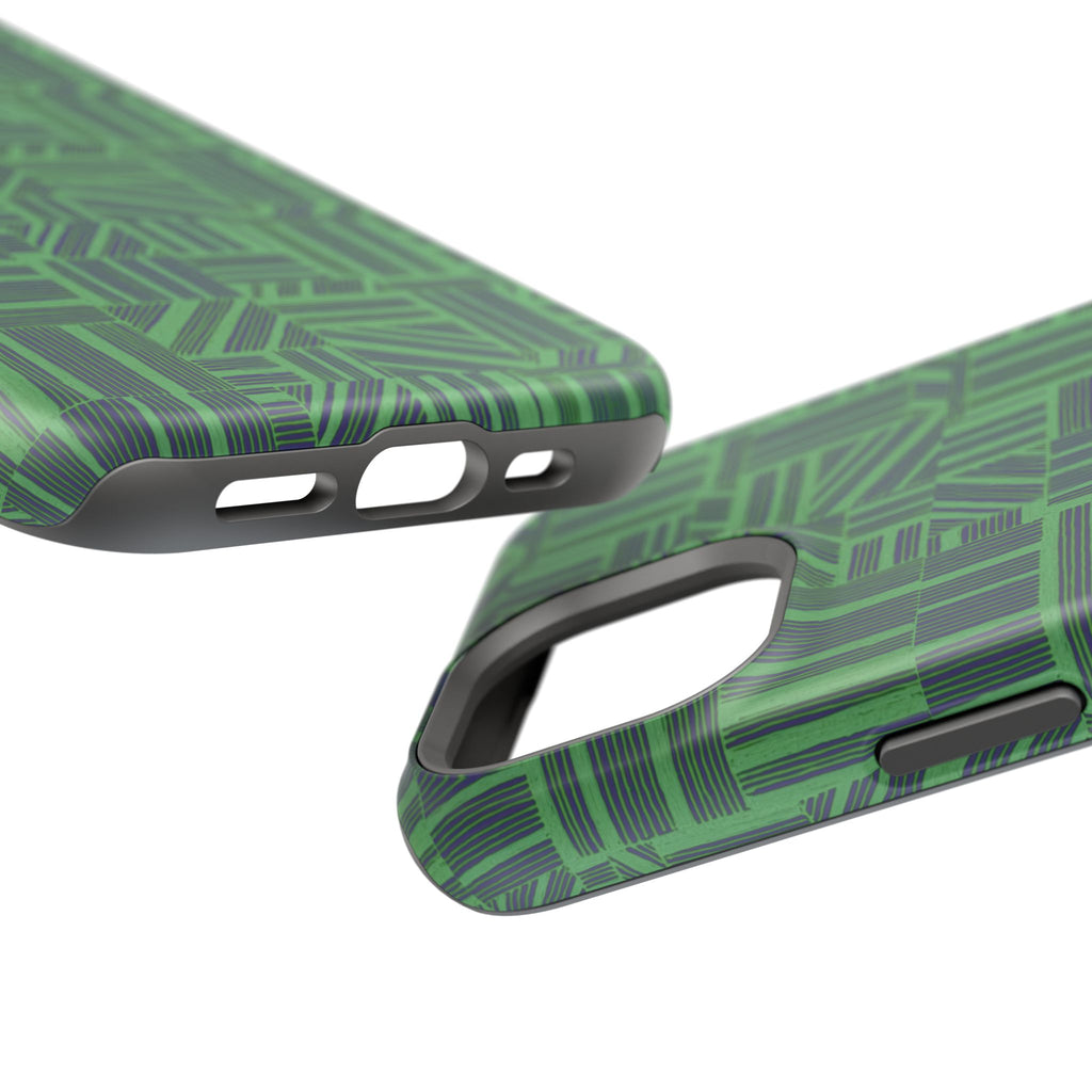 Green Magnetic Phone Case — 2-Layer Geometric MagSafe-Compatible Impact-Resistant Cover, green magnetic phone case- price match with CASETiFY and Casely, close-up of triple-camera lens openings.