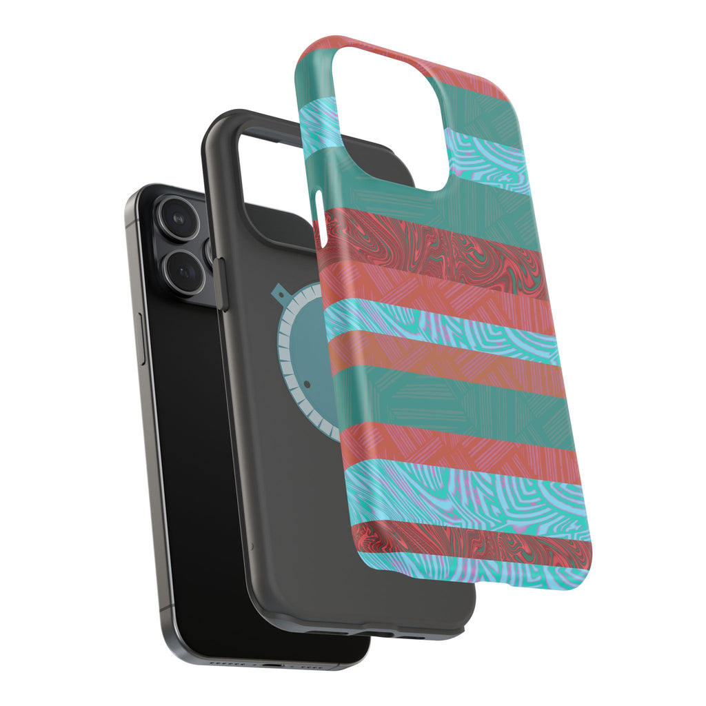 Striped Teal & Coral Magnetic Impact Phone Case exploded view with protective phone shell, Fractyl magsafe compatible iphone 18 pro max case