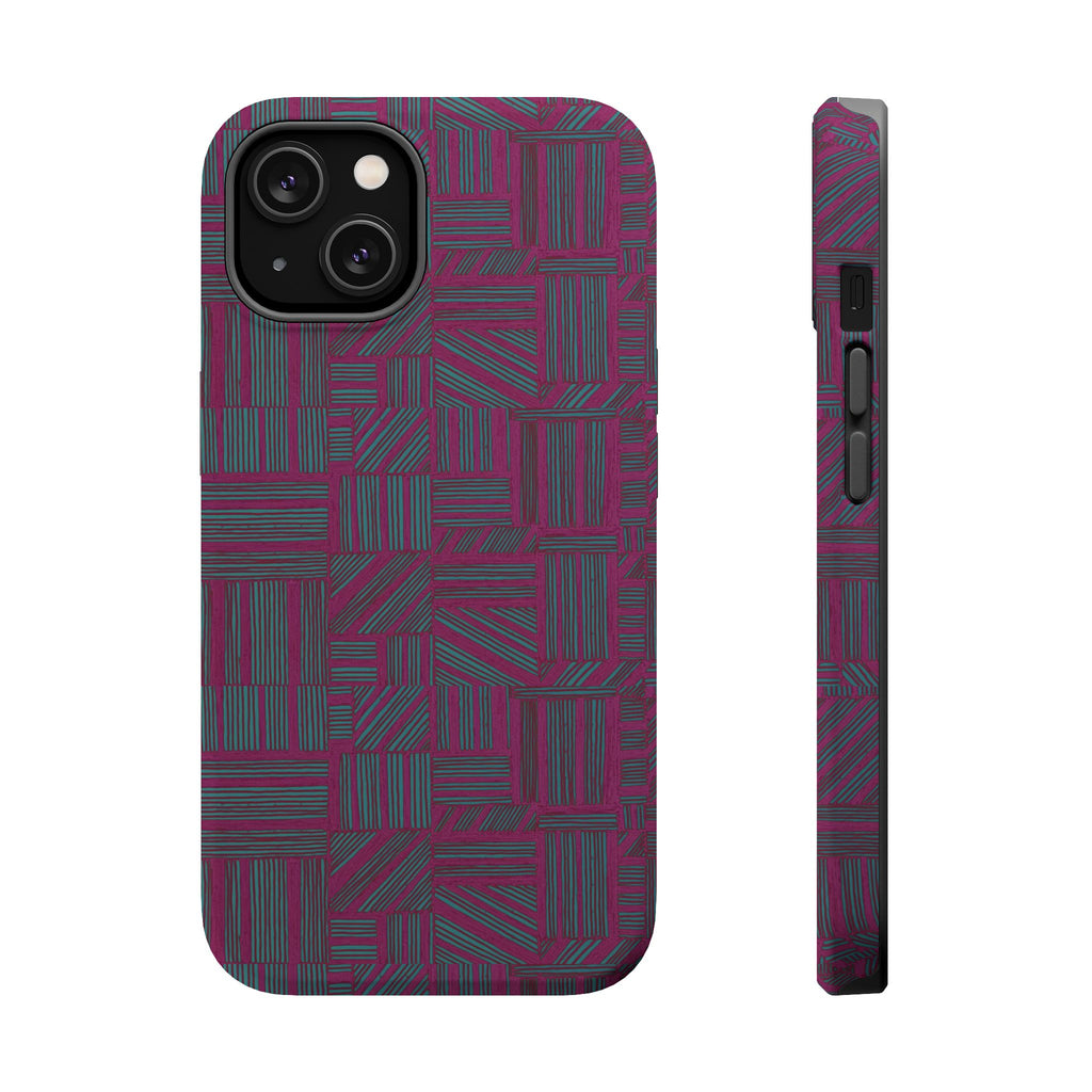 Slim Protective Phone Case With MagSafe, Dual-Layer Impact Protection, Plum Geometric Design, rear and side view with geometric plum artwork; slim protective iphone 16 promax  case.