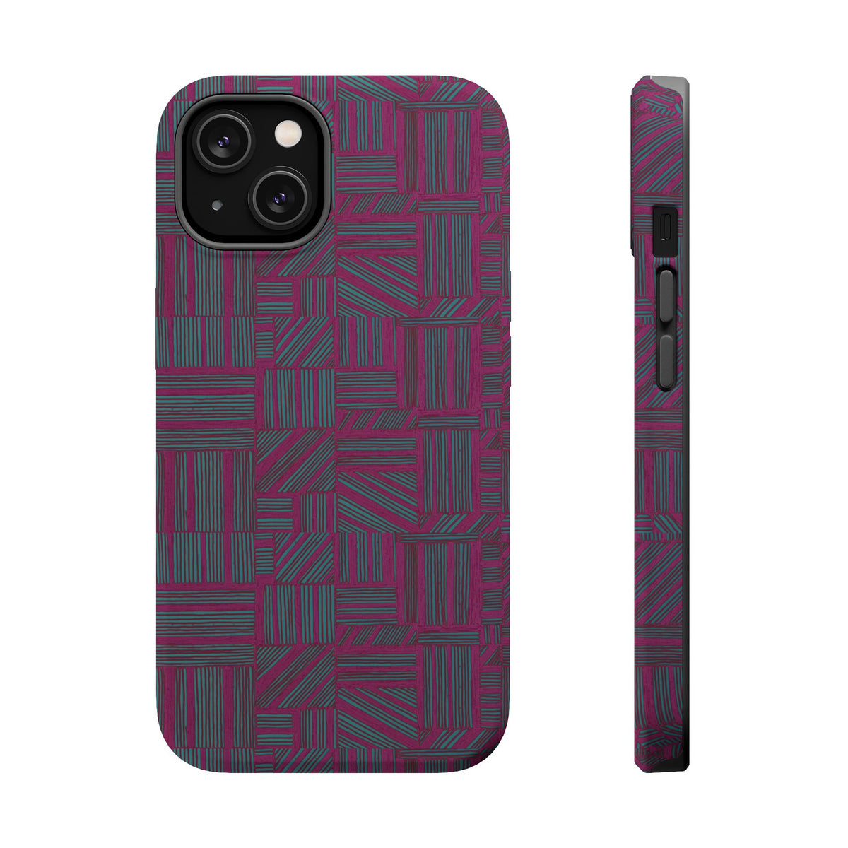 Slim Protective Phone Case With MagSafe, Dual-Layer Impact Protection, Plum Geometric Design, rear and side view with geometric plum artwork; slim protective iphone 16 promax  case.