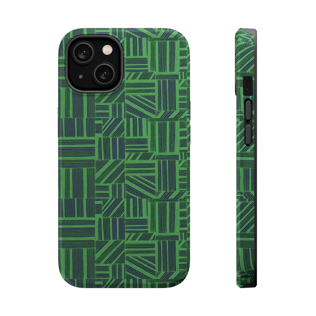 Green Magnetic Phone Case — 2-Layer Geometric MagSafe-Compatible Impact-Resistant Cover, green magnetic phone case- price match with CASETiFY and Casely, front and side case view.