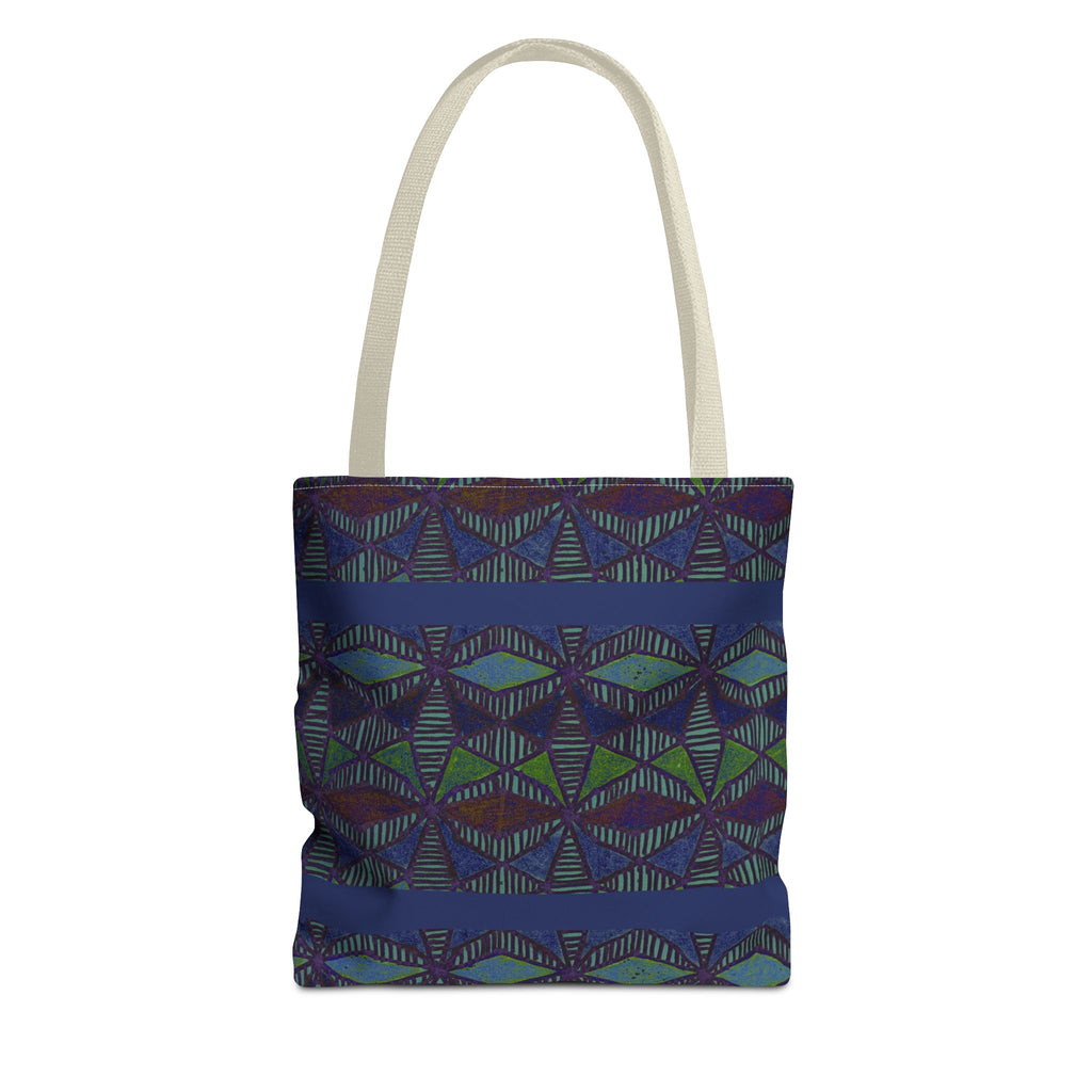 Geometric Indigo Printed Canvas Market Tote With Reinforced Handles And Boxed Corners, large cotton tote with natural handles