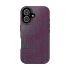 Slim Protective Phone Case With MagSafe, Dual-Layer Impact Protection, Plum Geometric Design, rear view with accessible side buttons and camera opening; slim protective iphone 16 promax  case.