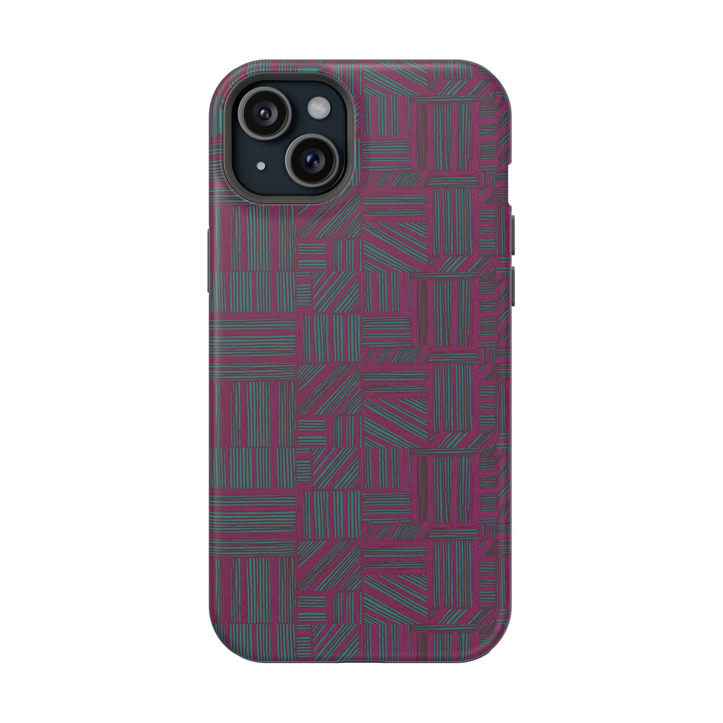 Slim Protective Phone Case With MagSafe, Dual-Layer Impact Protection, Plum Geometric Design, rear and side view with camera clearance and tactile buttons; slim protective iphone 16 promax  case.