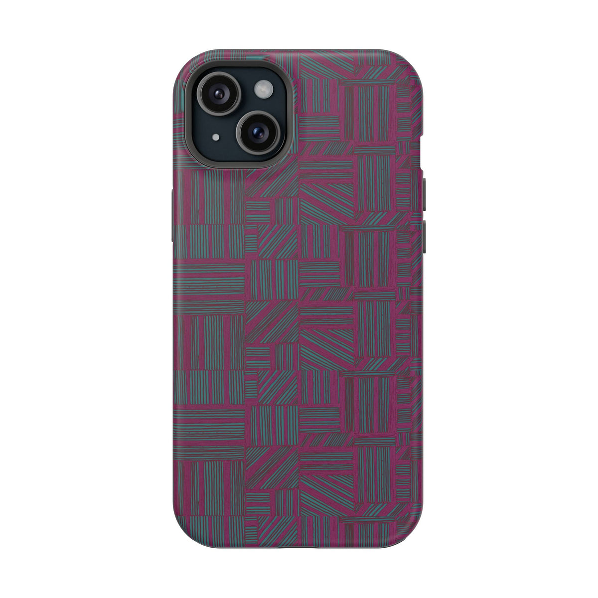 Slim Protective Phone Case With MagSafe, Dual-Layer Impact Protection, Plum Geometric Design, rear and side view with camera clearance and tactile buttons; slim protective iphone 16 promax  case.
