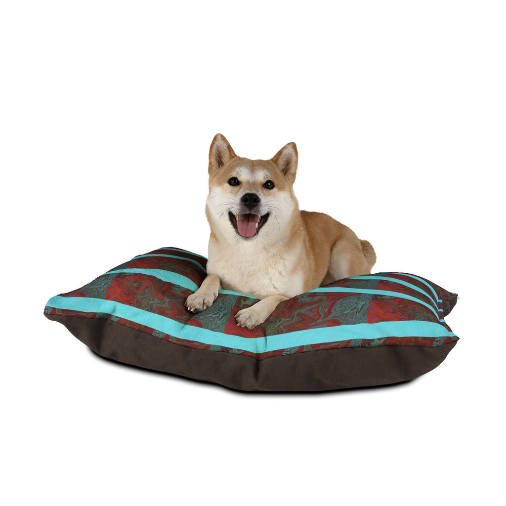 A happy dog resting on the Marbled Red & Teal Striped Pet Bed — Plush Dog/Cat Pillow, showcasing the comfort and style of this removable cover pet bed in a cozy environment.