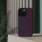 Slim Protective Phone Case With MagSafe, Dual-Layer Impact Protection, Plum Geometric Design, floating lifestyle render with rich plum artwork and teal accents; slim protective iphone 16 promax  case.