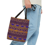 Bohemian Geometric Pattern Tote Bag — Purple & Gold All-Over Print, model carrying a black-handle printed canvas tote
