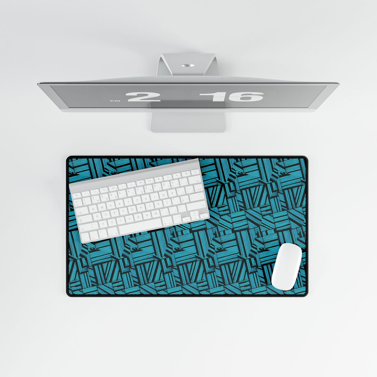 Geometric Teal Desk Mat — Large Patterned Mousepad for Office & Gaming, overhead gaming desk mat display with teal geometric print, keyboard, and white mouse