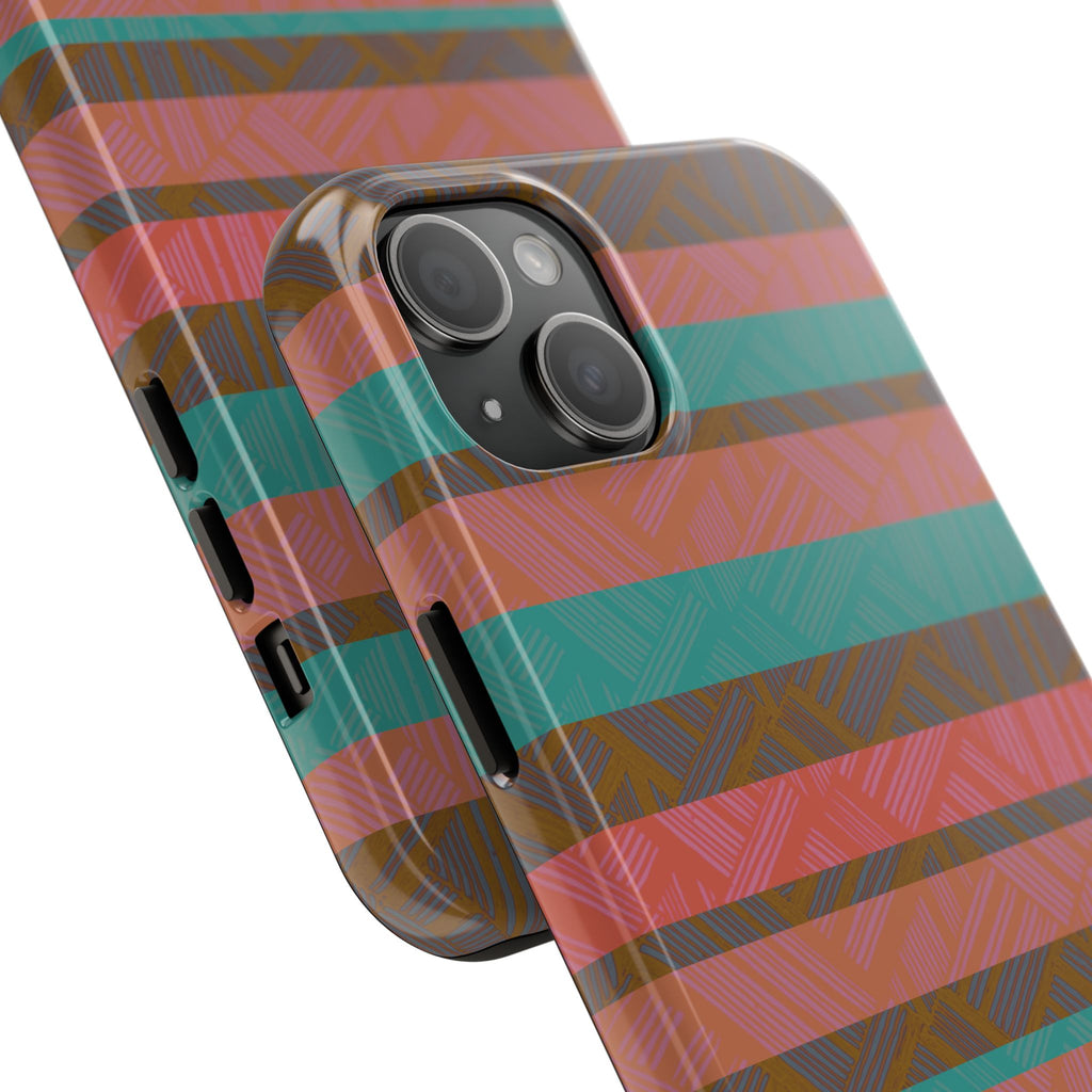 Striped Tribal Tough Phone Case — Retro Teal & Coral Protective Cover shown with front and side views of a slim fractyl shockproof iphone 17 pro case
