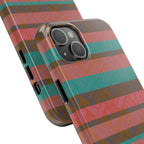 Striped Tribal Tough Phone Case — Retro Teal & Coral Protective Cover shown with front and side views of a slim fractyl shockproof iphone 17 pro case