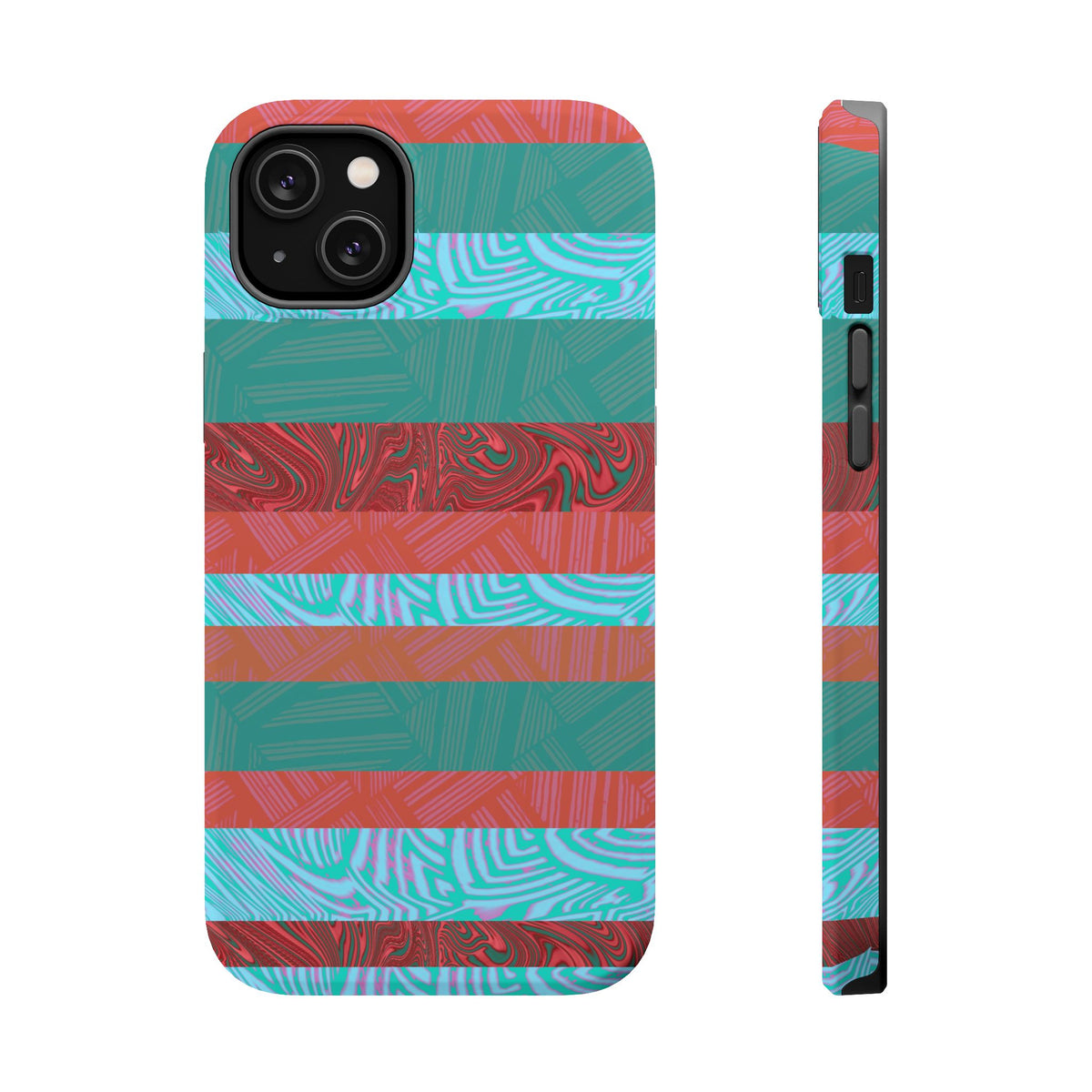 Striped Teal & Coral Magnetic Impact Phone Case slim side profile, Fractyl magsafe compatible iphone 18 pro max case with impact protection