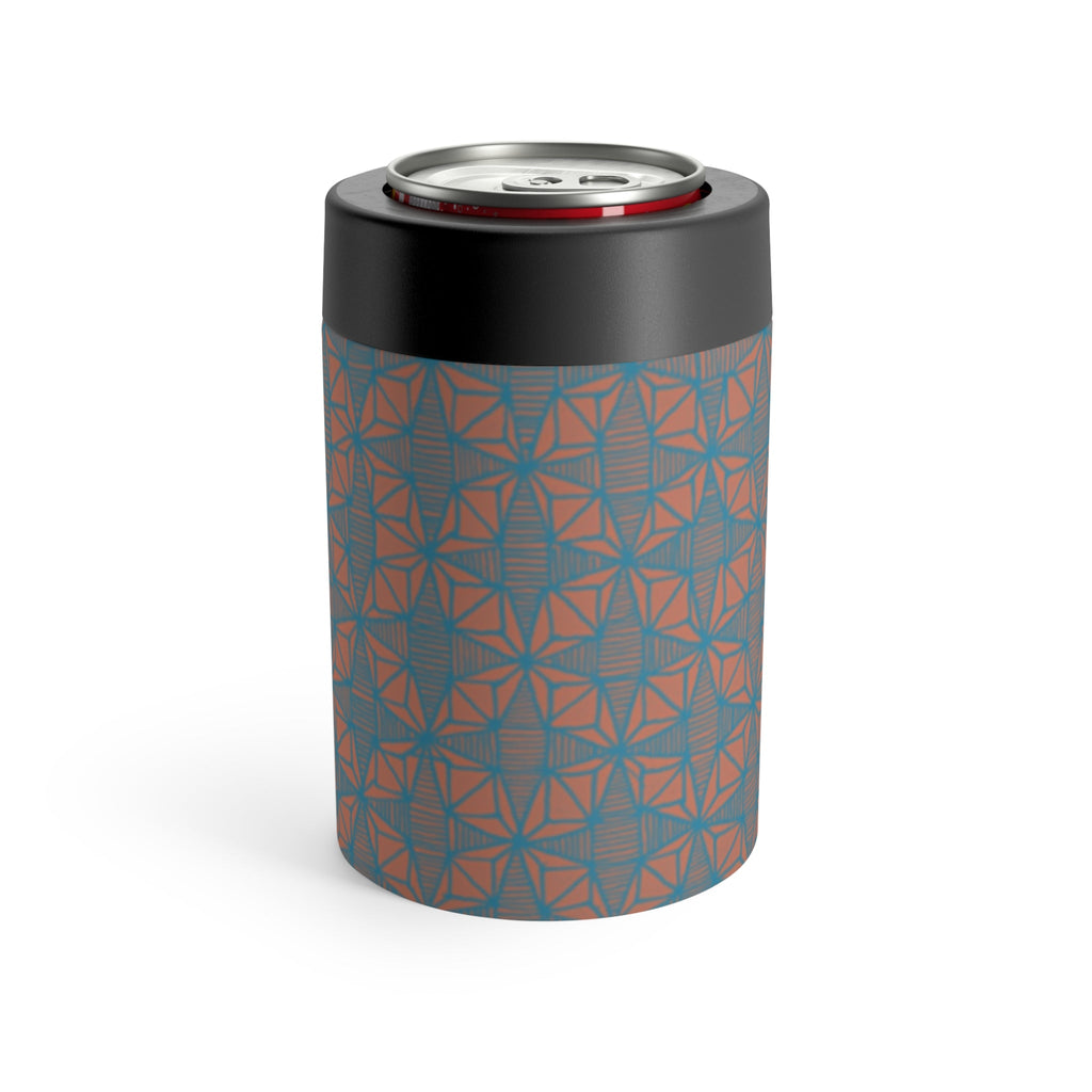 Another perspective of the Geometric Coral Blue Can Cooler, emphasizing its double-wall stainless steel construction. The ultimate sweat-free drink holder for modern lifestyles.