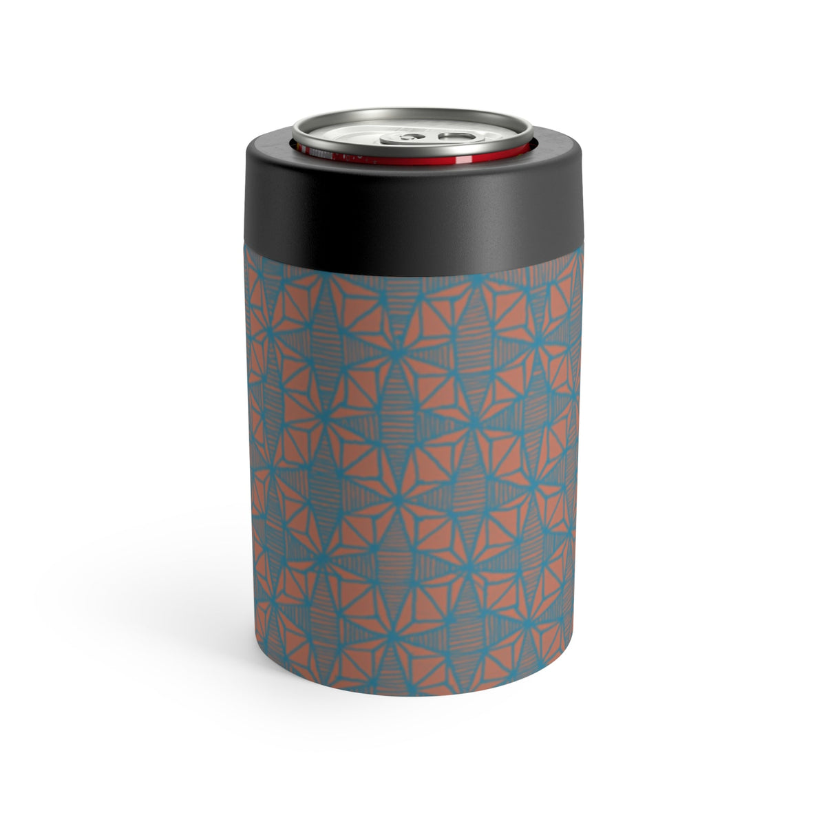 Another perspective of the Geometric Coral Blue Can Cooler, emphasizing its double-wall stainless steel construction. The ultimate sweat-free drink holder for modern lifestyles.