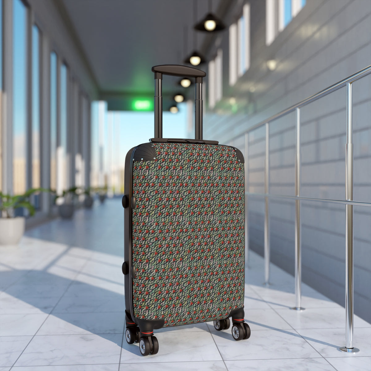 Houndstooth Carry-On Suitcase – Retro Red & Green Patterned Travel Luggage, hard shell carry on rolling through a bright airport terminal