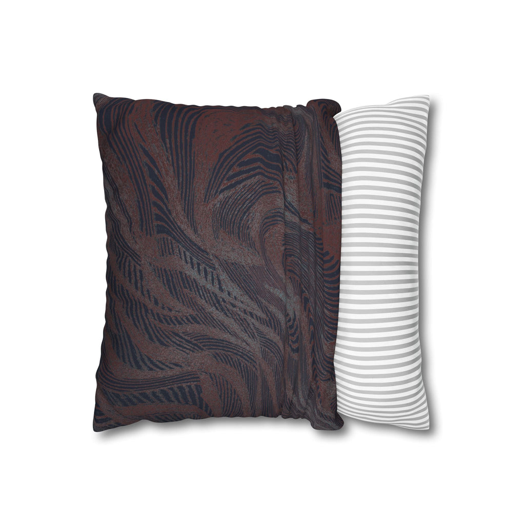 Marbled Brown Swirl Square Pillowcase — Abstract Textured Throw Pillow Cover, showcasing both sides of this decorative square pillow with a vibrant abstract design and complementary striped pattern. A perfect addition to your bedroom or living room décor, this earth tone pillow serves as a stylish boho pillow and a modern throw, crafted from durable poly canvas.
