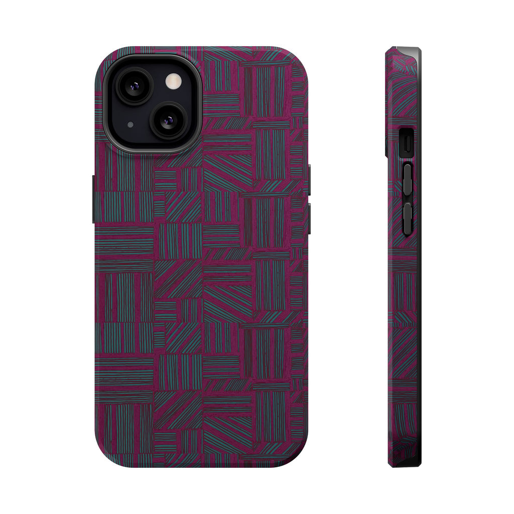 Slim Protective Phone Case With MagSafe, Dual-Layer Impact Protection, Plum Geometric Design, protective camera opening and full-wrap pattern shown clearly; slim protective iphone 16 promax  case.