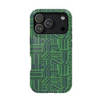 Green Magnetic Phone Case — 2-Layer Geometric MagSafe-Compatible Impact-Resistant Cover, green magnetic phone case- price match with CASETiFY and Casely, green phone case displayed upright indoors.