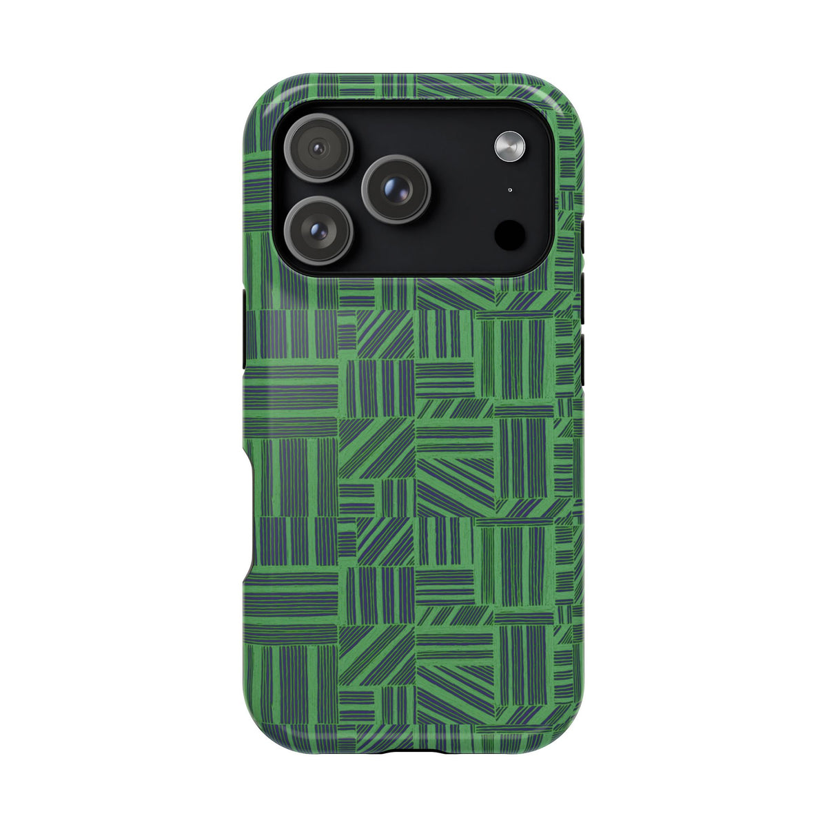 Green Magnetic Phone Case — 2-Layer Geometric MagSafe-Compatible Impact-Resistant Cover, green magnetic phone case- price match with CASETiFY and Casely, green phone case displayed upright indoors.