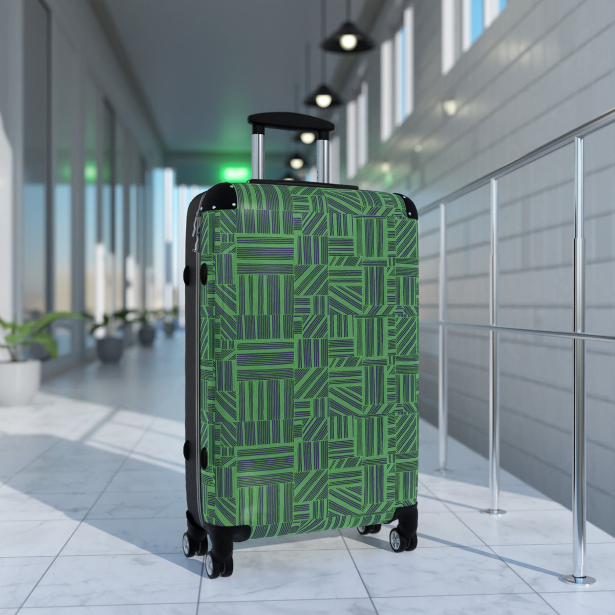 Green Geometric Hard Shell Carry On Suitcase – 360° Spinner Wheels & Built-In Lock