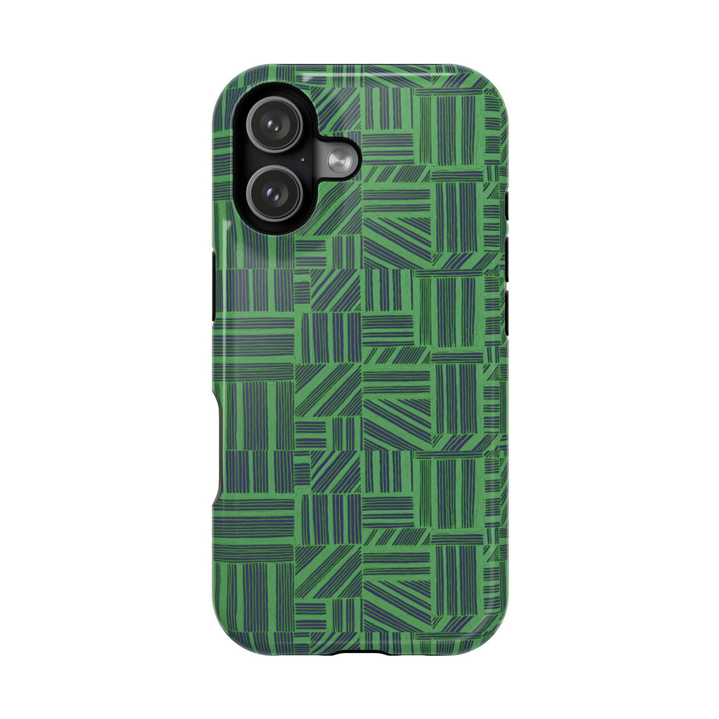 Green Magnetic Phone Case — 2-Layer Geometric MagSafe-Compatible Impact-Resistant Cover, green magnetic phone case- price match with CASETiFY and Casely, slim rear case view with camera cutout.