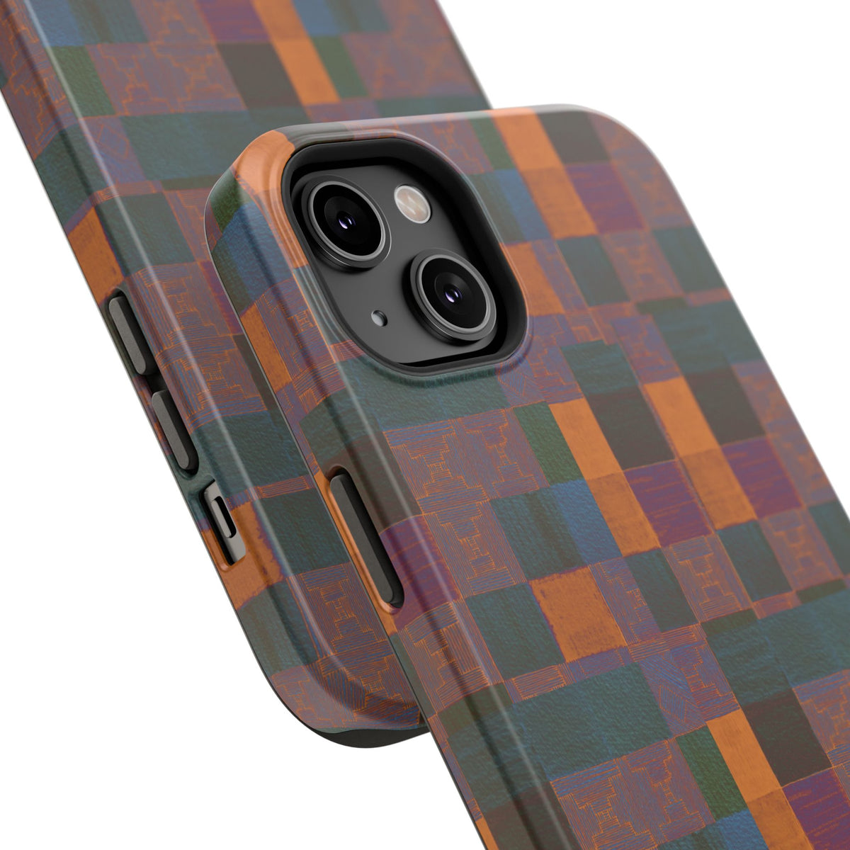 Impact-Resistant Phone Case — Retro Checkerboard Pattern, Fractyl wireless charging iphone 18 pro case with an angled view of its camera protection and premium printed surface.