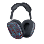 AirPods Max Shell Case featuring a dynamic blue and maroon swirl design, showcasing snap-on ear cup covers that enhance style and protection.