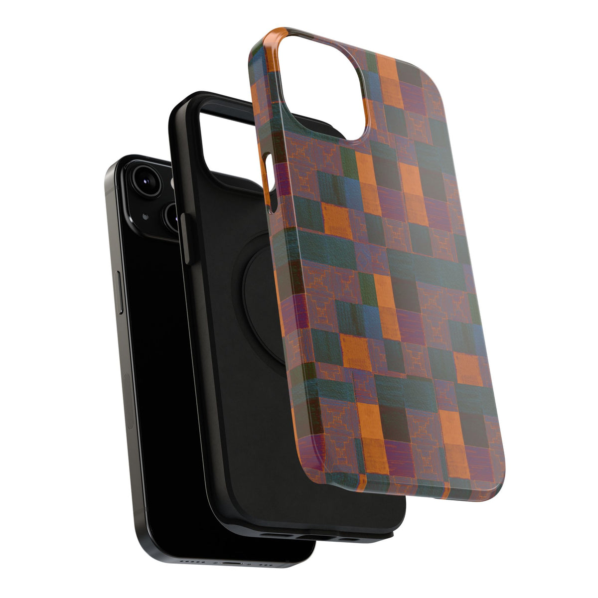 Impact-Resistant Phone Case — Retro Checkerboard Pattern, Fractyl wireless charging iphone 18 pro case shown at an angle with the retro grid pattern wrapping around the edges.