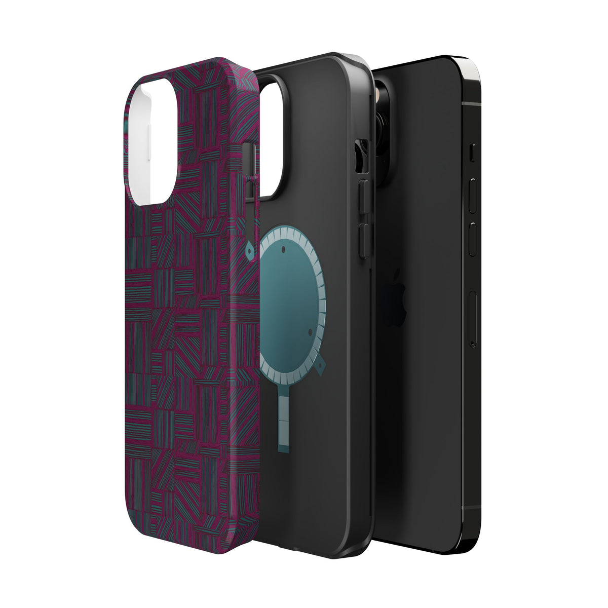 Slim Protective Phone Case With MagSafe, Dual-Layer Impact Protection, Plum Geometric Design, standing case shown in an elegant home setting; slim protective iphone 16 promax  case.
