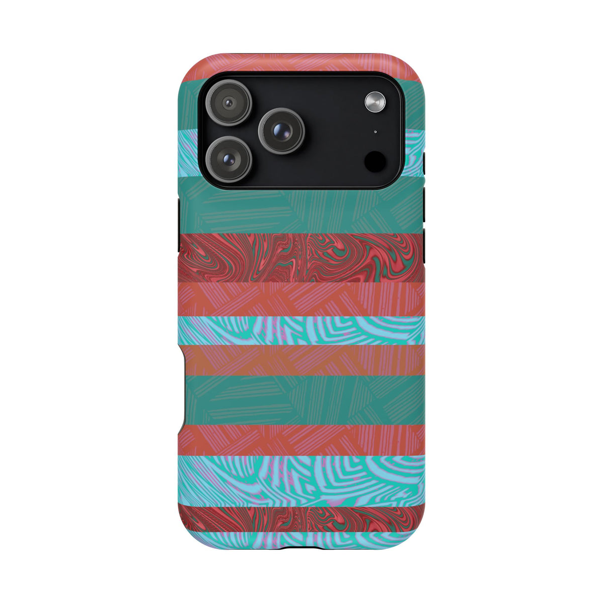 Striped Teal & Coral Magnetic Impact Phone Case camera cutout and bumper detail, Fractyl magsafe compatible iphone 18 pro max case