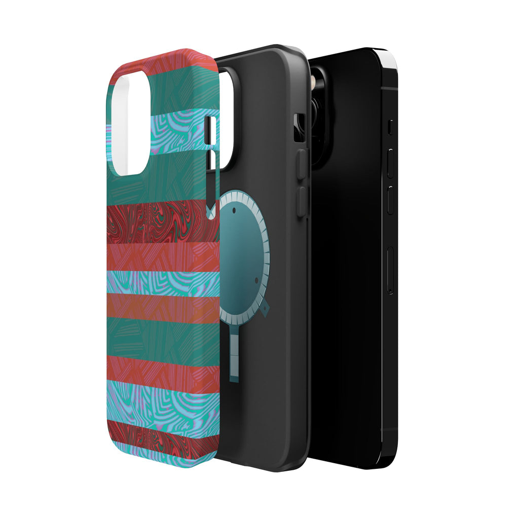 Striped Teal & Coral Magnetic Impact Phone Case exploded view showing inner liner and shell, Fractyl magsafe compatible iphone 18 pro max case