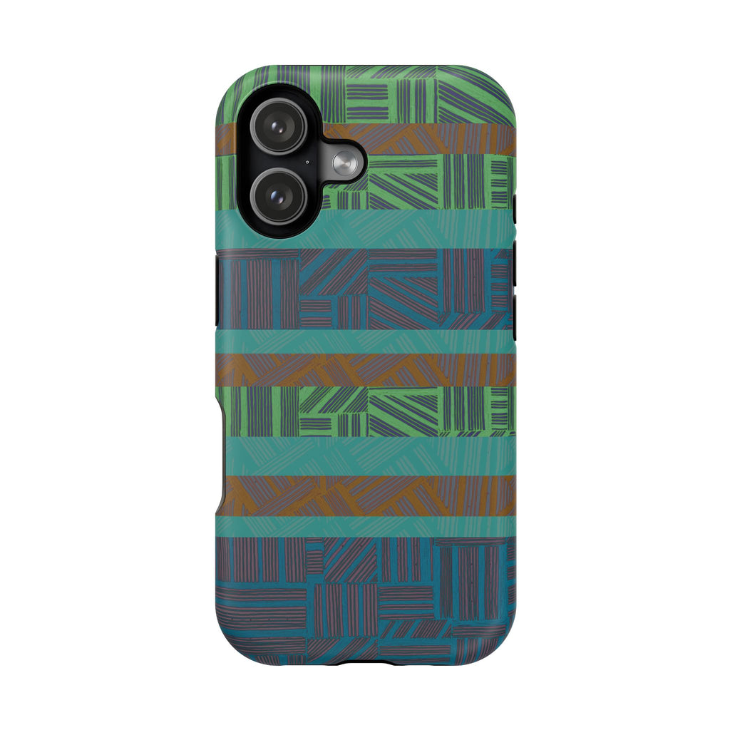 Green Geometric Stripe Phone Case — Impact-Resistant, wireless charging iphone 16 pro max case with continuous teal, green, and brown print.